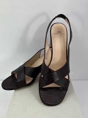 AK2 ANNE KLEIN VTG BROWN CROC EMBOSSED LEATHER SLING BACK, BLOCK HEEL SANDALS 7M